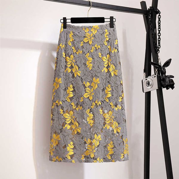 

skirts faldas de encaje talla gran para mujer, cintura alta con r32bordado flores, temperamento, lgadas, wman j9m8, Black