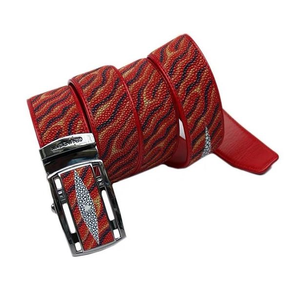 

fashion wave pattern authentic real stingray leather male strap genuine skate skin automatic buckle dark red men's belts, Black;brown