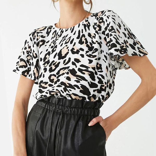 

women clothes 2021 summer short sleeve blouses and leisure leopard print ladies o-neck blouse elegant flare shirt women's & shirts, White