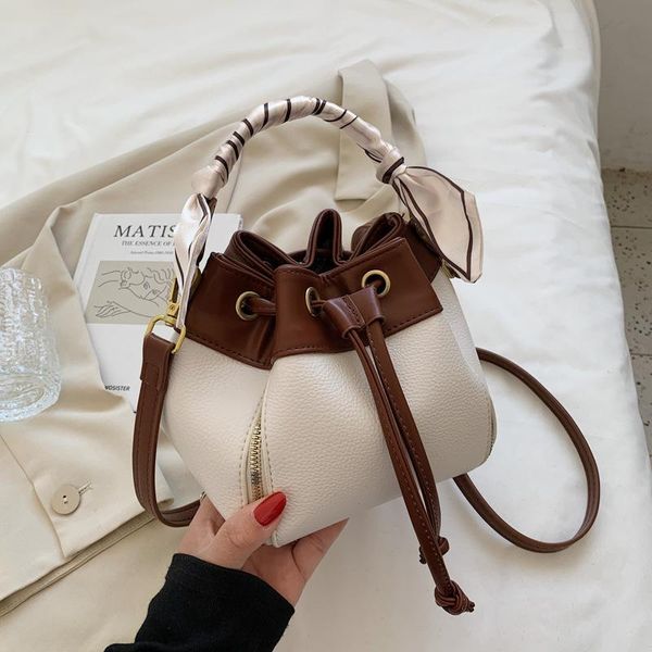 

evening bags silk scarf portable women bucket bag 2021 simple and fashion drawstring pu leather one-shoulder messenger