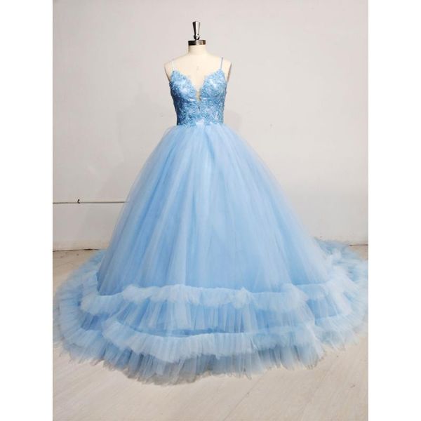 

party dresses spaghetti strap v-neck ball gown evening tulle appliques formal exquisite ruffles princess dress 2021, White;black