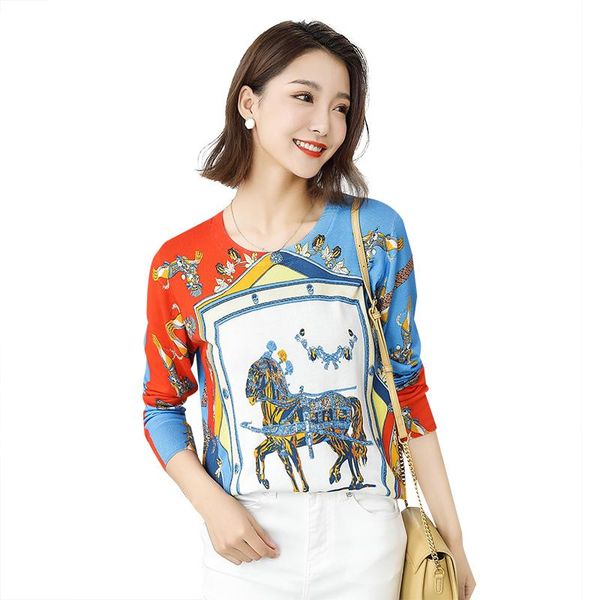

women's sweaters women pullover printed sweater autumn winter long sleeve o neck loose knitted jumper horse floral pattern elegant, White;black