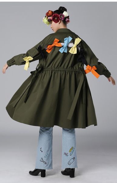 

women's trench coats army green bow long, Tan;black