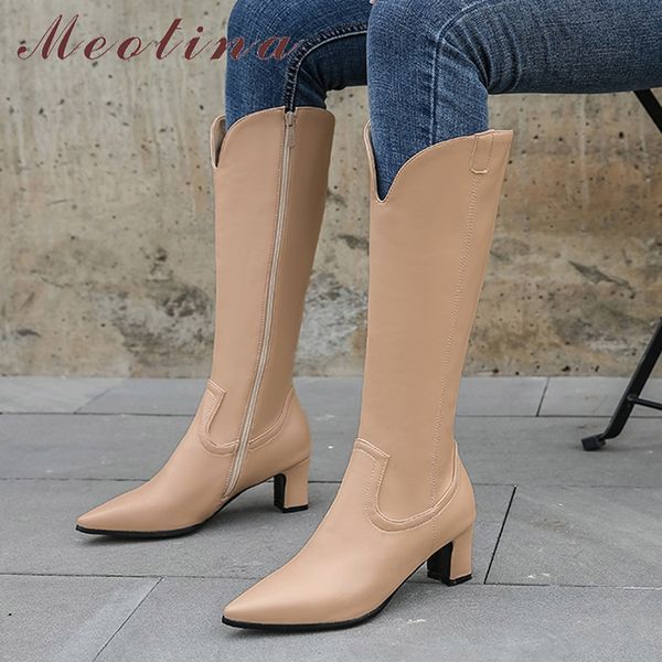 Scarpe da donna con cerniera ad alta cerniera con tallone occidentale con tacchi a punta con punta spessa tacchi femminile marrone lungo autunno 33-46 21051 79 s