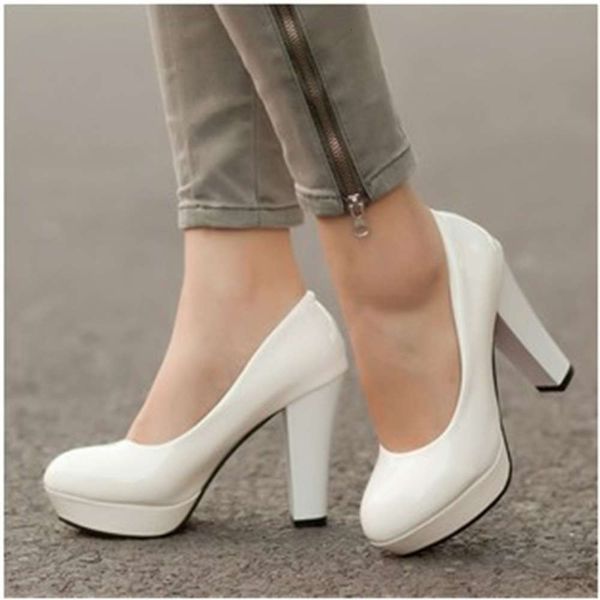 

patent leather high heels solid color thick bride sho wedding, Black
