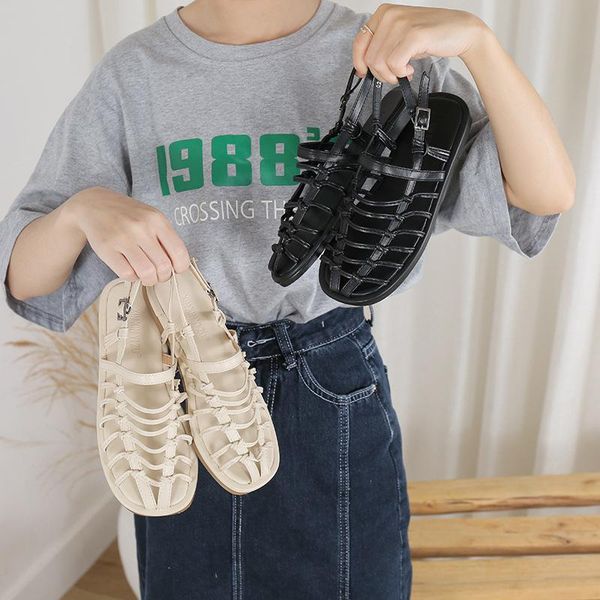

sandals chunky women's shoes without heels 2021 fashion women casual woman flats gladiator sandles, Black