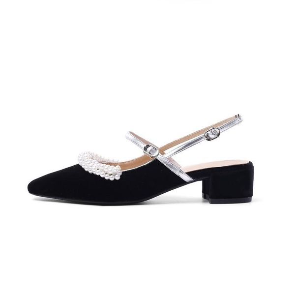 

dress shoes 2021 dropship square high heels pearl pointed toe party summer woman women sandals vintage mary janes real silk pumps, Black