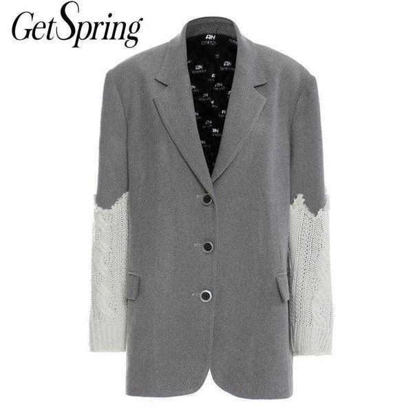 

getspring women blazer knitting patchwork color matching blazers jackets vintage casual s long sleeve 210601, White;black