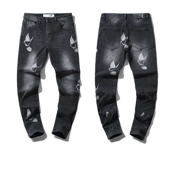 

men's jeans distressed fashion printed casual streetwear hip hop pants, Blue