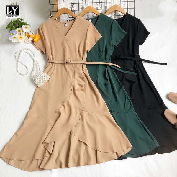 

ly varey lin summer women sweet short sleeve irregular medium long dresses casual v-neck high waist ruffles with belt 210526, Black;gray