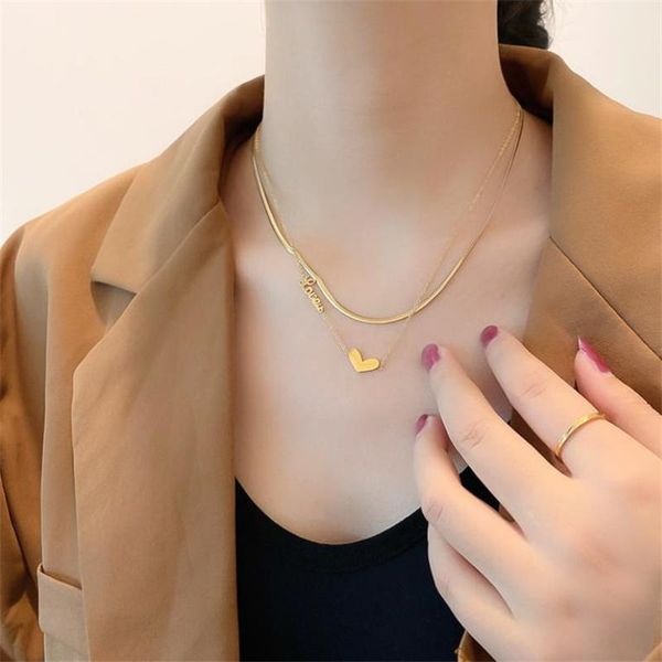 

pendant necklaces trendy double-layer titanium steel chain necklace women jewelry letter love heart anti-allergic choker, Silver