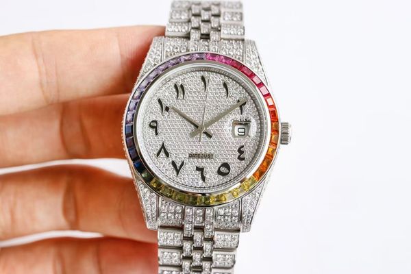 

high quaity 41mm shiny diamonds watches silver case chromatic colour arabic numbers automatic men smooth hands wristwatch stainless steel ma, Slivery;brown