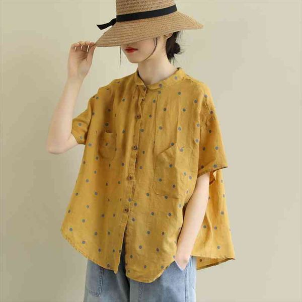 

summer arts style women short sleeve loose polka dot shirts all-matched casual turn-down collar vintage blouses s891, White