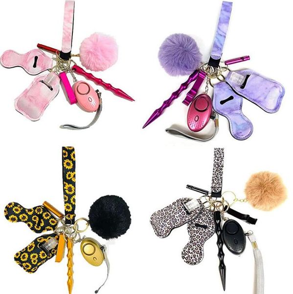 

19 colors 9 pcs defense keychain set alarm pompom hand sanitizer wrist strap lipstick keychains stick bottle opener for woman men self-defen, Silver