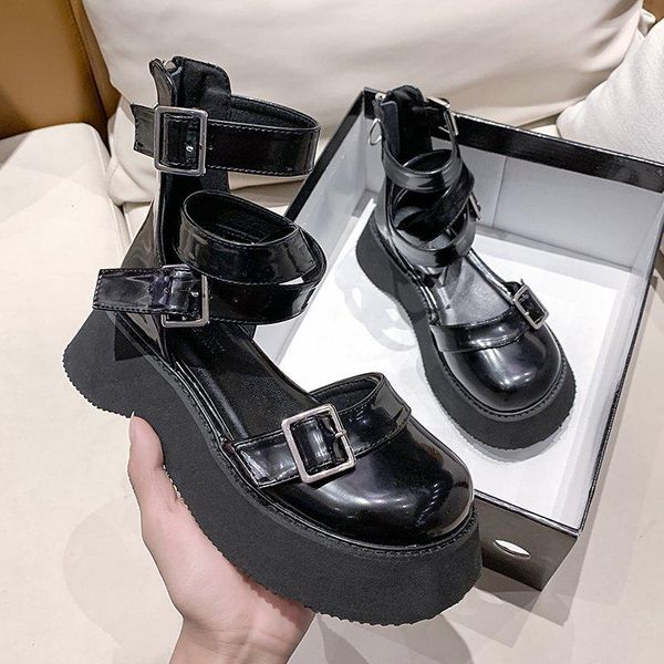 

sandals mary jane single shoes women thick sole british style small leather 2021 summer cross strap punk hollow rome, Black