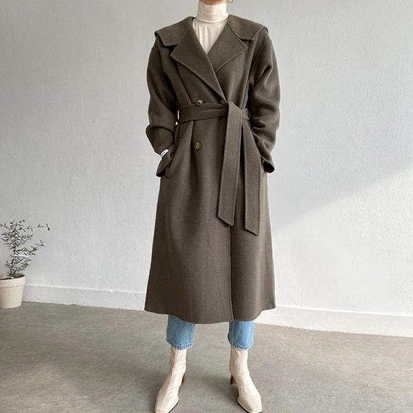 

women's wool & blends woman clothes outwear 2021 overcoats vintage jacket winter women trench coat korean long woolen blend coats solid, Black