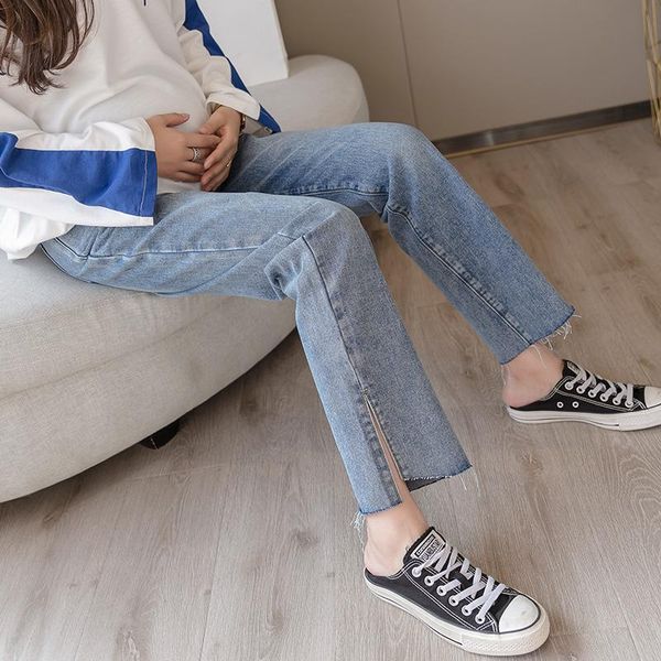 

5505# side splits denim maternity straight long jeans spring summer casual belly pants clothes for pregnant women pregnancy bottoms, White