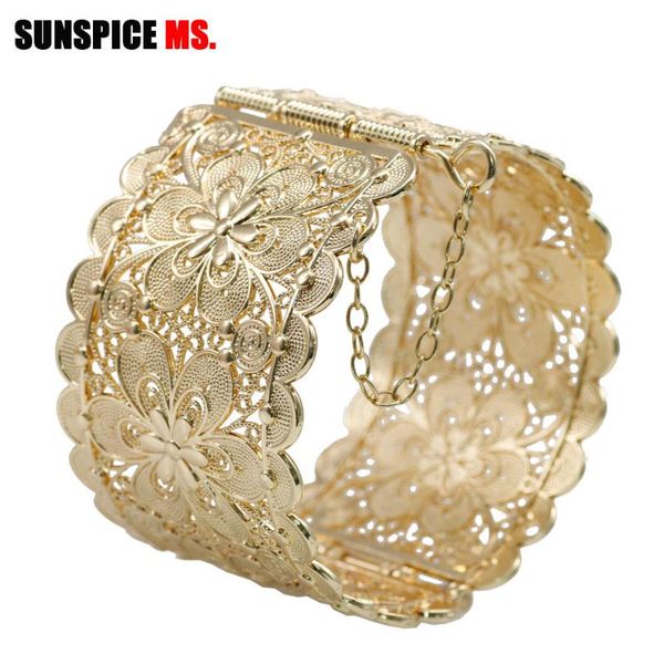 

sunspice-ms gold color big bangle metal silver color cuff bracelets for women ethnic bridal jewelry hollowed pattern 2020, Black