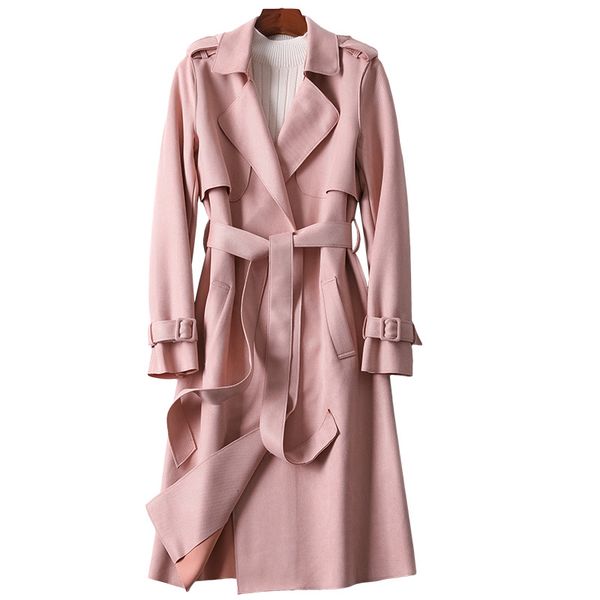 

coats spring autumn pink long coat women fashion sim belt classic trench elegant ladies business windbreaker outerwear female, Black