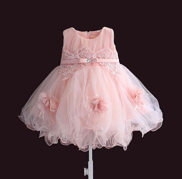 Vestido de bebê vestido rosa flor sem mangas bola vestido princesa vestidos de casamento meninas batismo 1 ano vestido infantil 6m-4y g1129