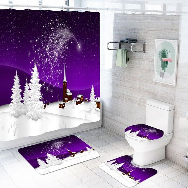 Scena di neve Stampa 3D Sfondo viola Set da bagno Tenda da doccia Buon Natale Tappeti da pavimento Set da bagno per cartoni animati Tende da 4 pezzi