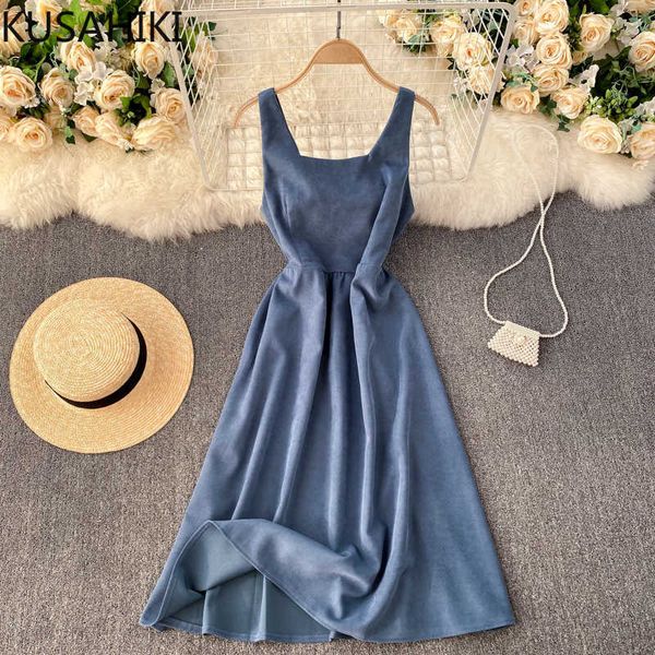 

spring summer sleeveless square collar tank dress korean slim high waist a-line women dresses vestidos 6e457 210603, Black;gray