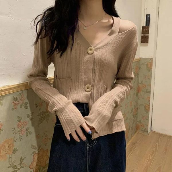 

women's knits & tees autumn women v neck full sleeve single breasted sweaters cardigans korean style slim knitwear female hollow pocket, White
