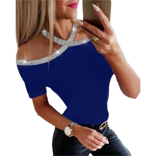

women's t-shirt party pullover thin short sleeve charming slim women t shirt cross v neck soft summer solid casual sequins, White