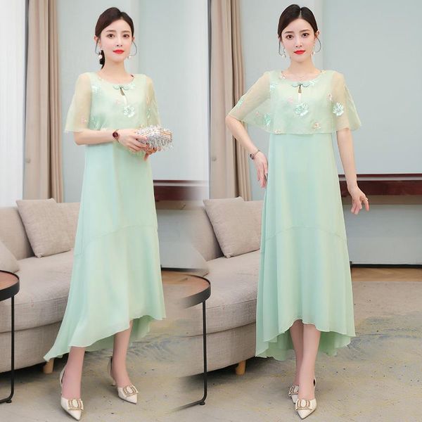 

casual dresses coigarsam women long dress summer 2021 chinese style cheongsam vintage sleeveless chiffon embroidery o-neck green, Black;gray