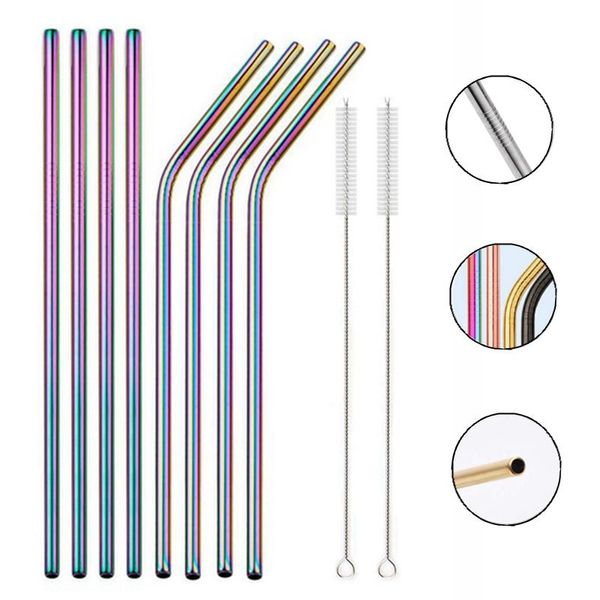 

rainbow color reusable metal straws set with cleaner brush 304 stainless steel drinking straw milk drinkware bar party accessory