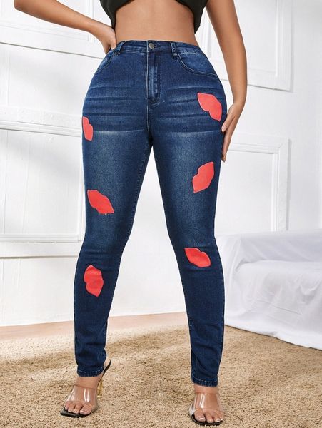 

sxy lips print high waist jeans r0mn#, Blue