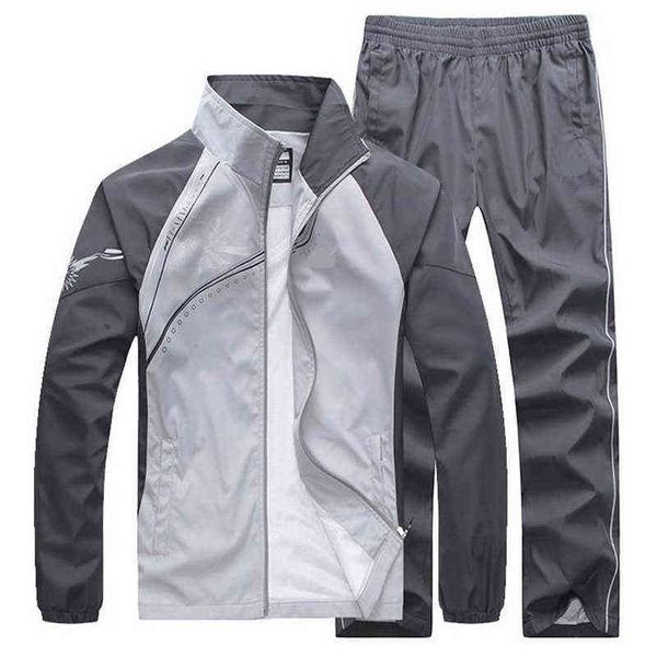 

new men set spring autumn tracksuit man sportswear 2 piece set sporting suit jacket+pant sweatsuit male clothing asian size 5xl g1209, Gray