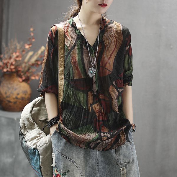 

sleepwear garnish on retro-printed v. summer flax jumper wild half sleeves thin section female shirt and blouse tide m9h6, Black;red