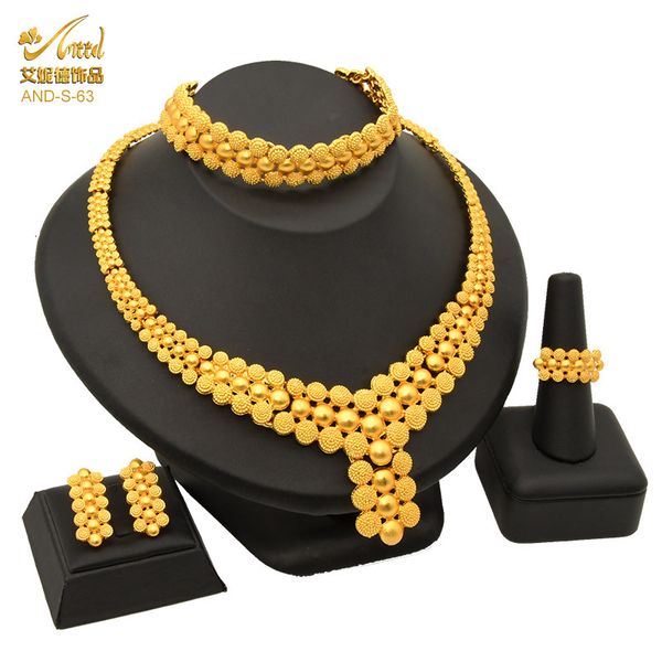 

jewelry set saudi arabia dubai 24k gold bride necklace bracelet earring ring nigerian women's four piece set a0909, Slivery;golden