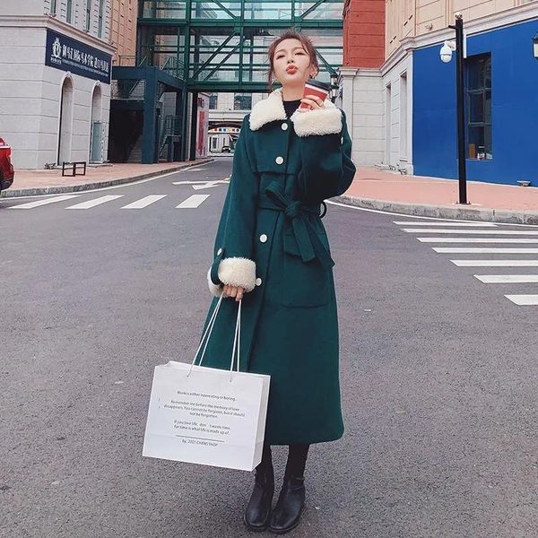 

women's wool & blends heydress winter women solid woolen coat female single breasted korean thick fur collar elegant sashe coats, Black