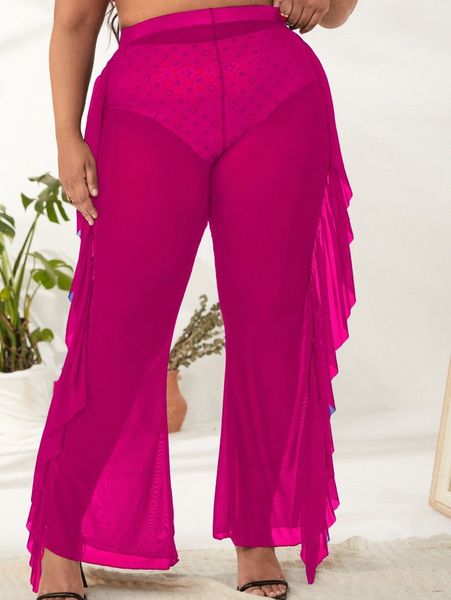 

plus plain ruffle hem cover up k9es#, Black