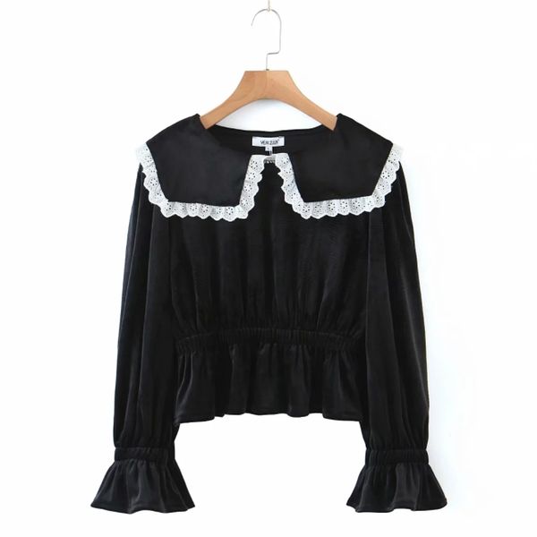 

summer women sailor collar velvet short blouse female lantern sleeve smock shirt casual lady loose blusas s8775 210430, White