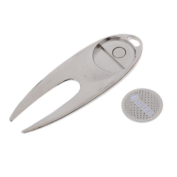 

functional sturdy golf divot tool gadget with a magnetized ball marker repair accessory training aids