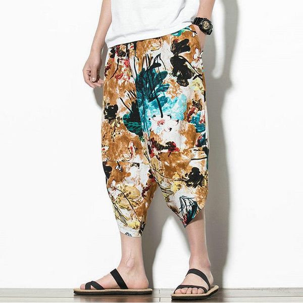 

men's pants streetwear harem men 2021 summer casual joggers mens cotton printing calf-length trousers, Black