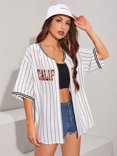 

drop shoulder letter graphic striped blouse 49yd#, White
