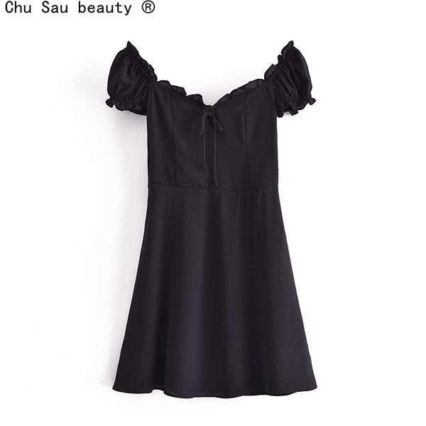 

french solid color lace-up bowknot flying sleeves short square collar slim dress skirt summer chic 210514, Black;gray