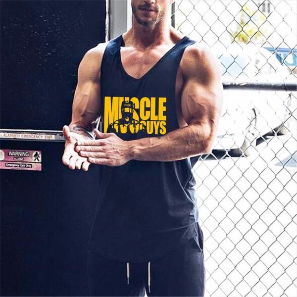 

muscleguys brand gyms tank men fitness shirts cotton circular hem vest workout clothing bodybuilding stringer tanktop, White;black