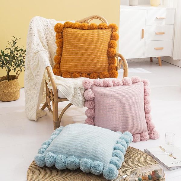

cushion/decorative pillow pompom ball cushion cover vintage yellow ivory pink green knit 45x45cm zip open home decoration sofa bed