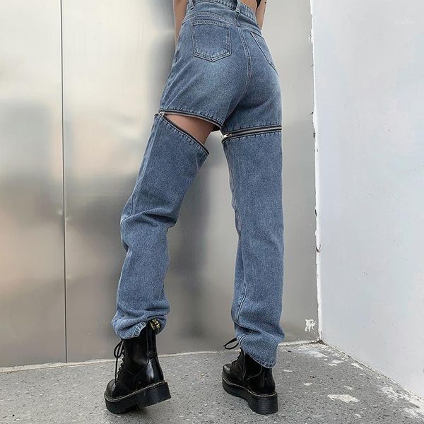 

female korean style straight jeans zipper hollow stitching pants high waist solid color chic wild streetwear trousers women's, Blue