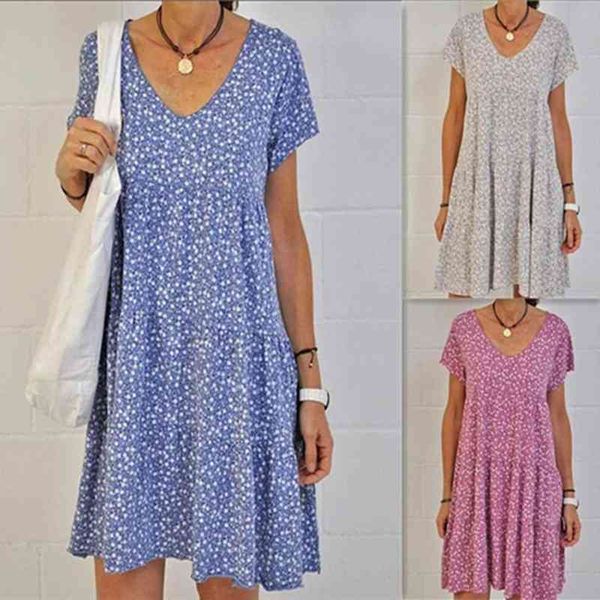 

womens casual fashion slimming dresses print short-sleeved v-neck dress small floral dress for women, Black;gray