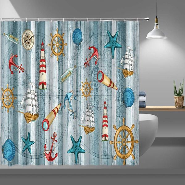

nautical shower curtains for bathroom,watercolor tropical ocean wooden board fabric shower curtain with plastic hooks,69x70 inch