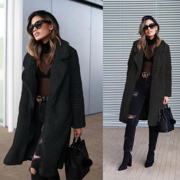 

women's wool & blends autumn and winter long pure coat lapel windbreaker, Black
