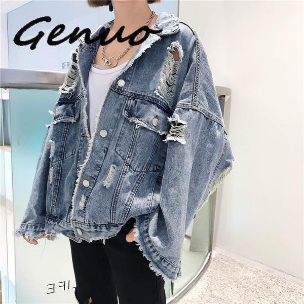

women's jackets genuo spring & autumn long sleeve outerwear women&#39s denim jacket jean parka coat ripped hole pockets oversize female, Black;brown