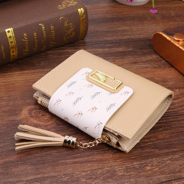 

card holders women's wallet short leather tassel cute zero coin purses bag girl wallets zipper cardholder travel passport cover, Brown;gray