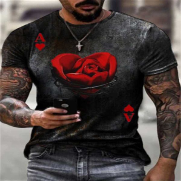 

men's t-shirts summer t-shirt 3d rose poker fashion short-sleeved shirt street round neck casual, White;black